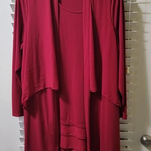 Susan Graver crimson red cardigan with sheer overlay and matching tank.